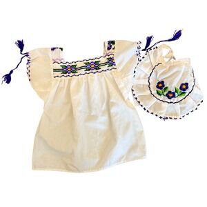 Hand Embroidered Mexican Folk Blouse and Bib Set Toddler White Floral Fiesta Top